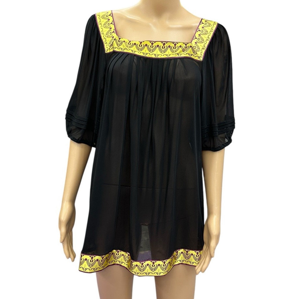 Nicole Miller Black Yellow Semi Sheer Stretch Half Sleeve Peasant Top Womens L